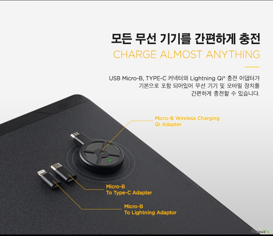  모든 무선 기기를 간편하게 충전  USB Micro-B, TYPE-C 커넥터와 Lightning Qi® 충전 어댑터가  기본으로 포함 되어있어 무선 기기 및 모바일 장치를 간편하게 충전할 수 있습니다. 